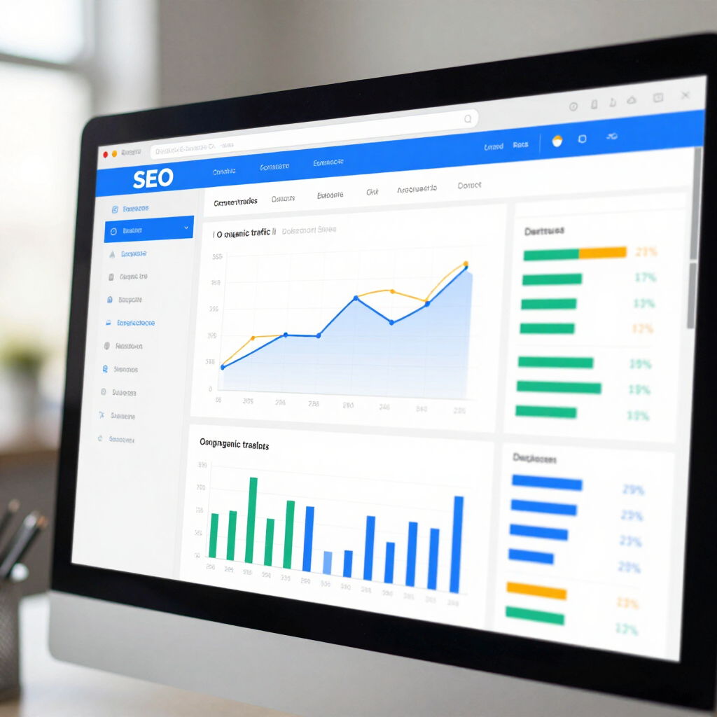 SEO analytics dashboard on a desktop monitor with line and bar charts in blue and green