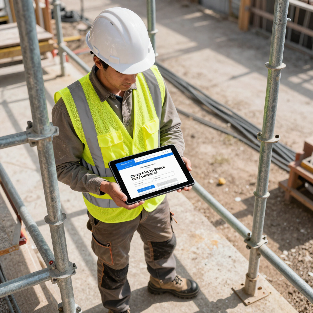 Construction worker in a hard hat and safety vest reviewing a tablet on a scaffold platform