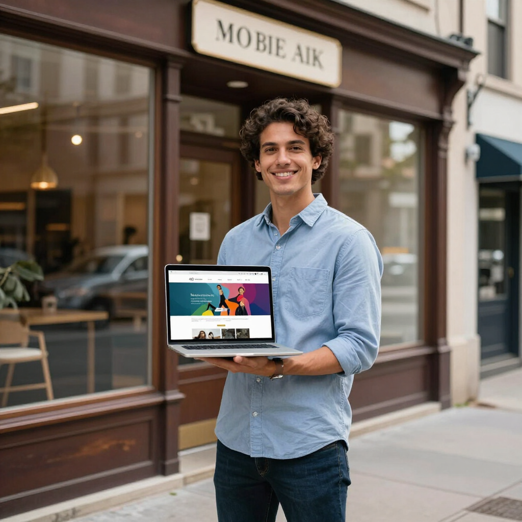 Smiling man outside a shop holding an open laptop displaying a colorful website
