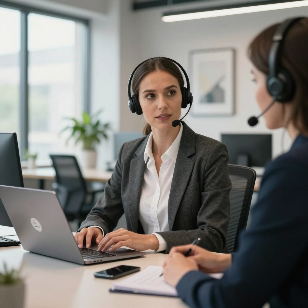 Businesswoman wearing a headset in a meeting with a colleague at a laptop in a modern office