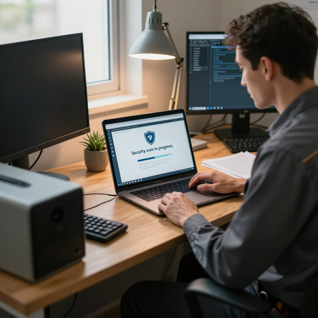 Person working on a laptop at a desk with monitors and a lamp in a home office