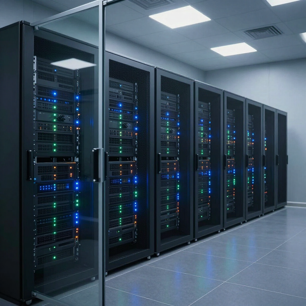 Modern server room with rows of black racks and blue indicator lights on a polished floor