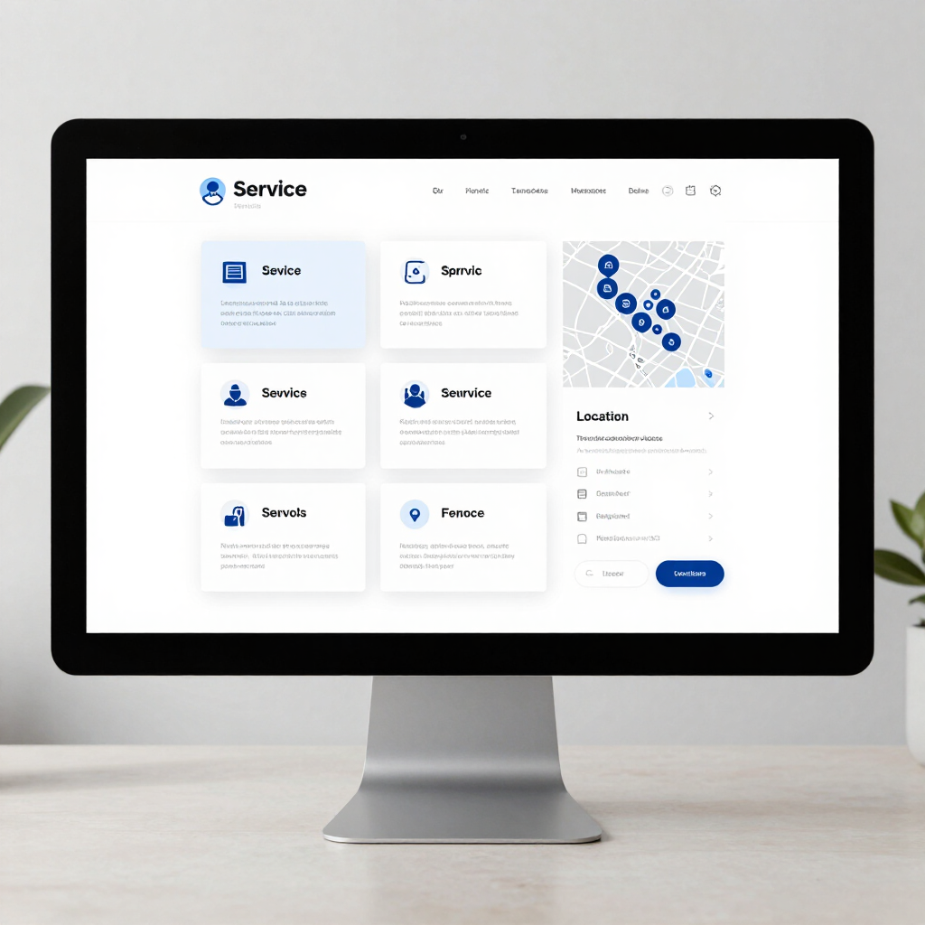 Desktop monitor showing a service website dashboard with blue icons and a map panel
