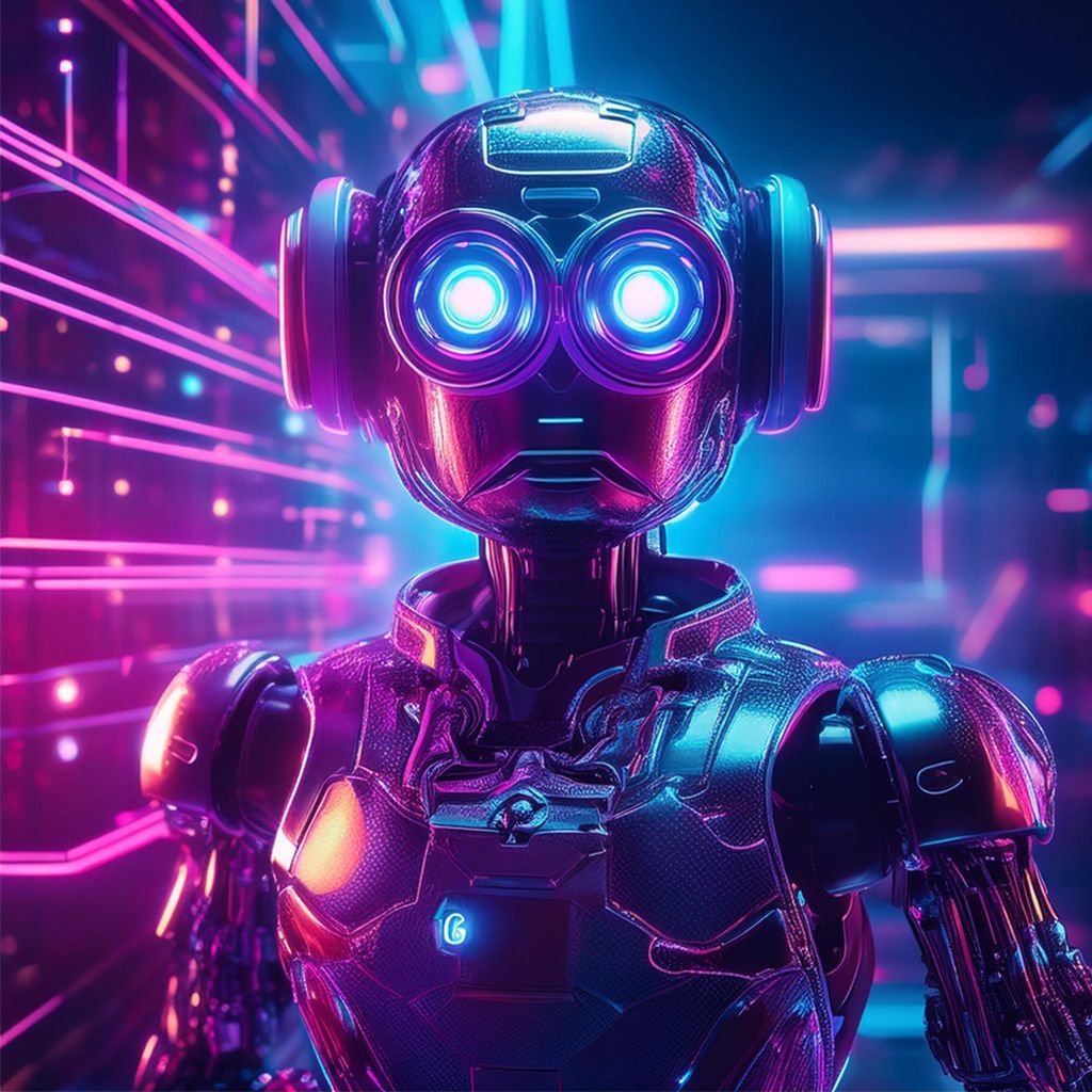 Neon-lit humanoid robot with glowing blue eyes in a futuristic purple cyberpunk setting