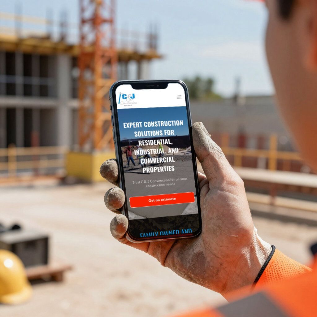 C & J Construction website on a mobile phone at an Orland Park construction site.