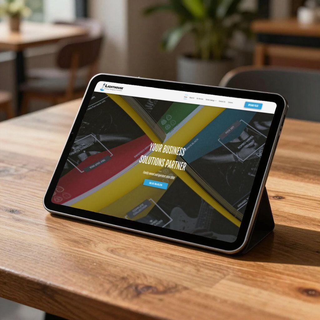 Lighthouse Printing website displayed on a tablet at a New Lenox business.