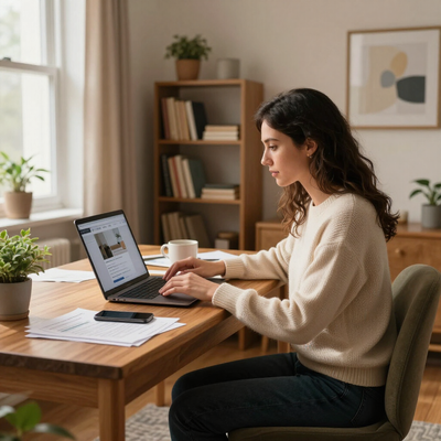 Woman typing on a laptop at a wooden desk in a bright home office