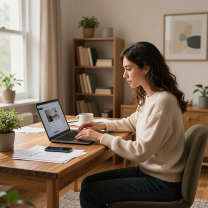 Woman typing on a laptop at a wooden desk in a bright home office