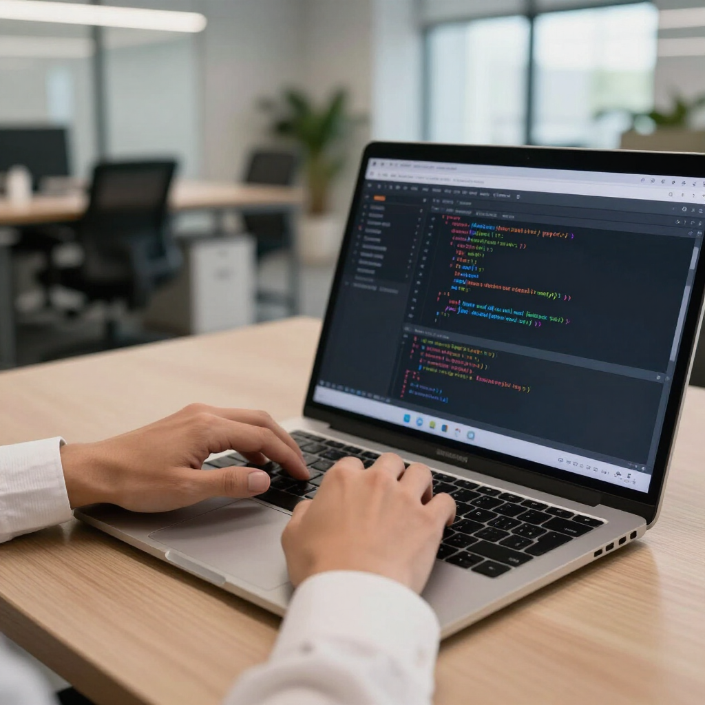 Hands typing on a laptop showing code in a modern office with a blurred background