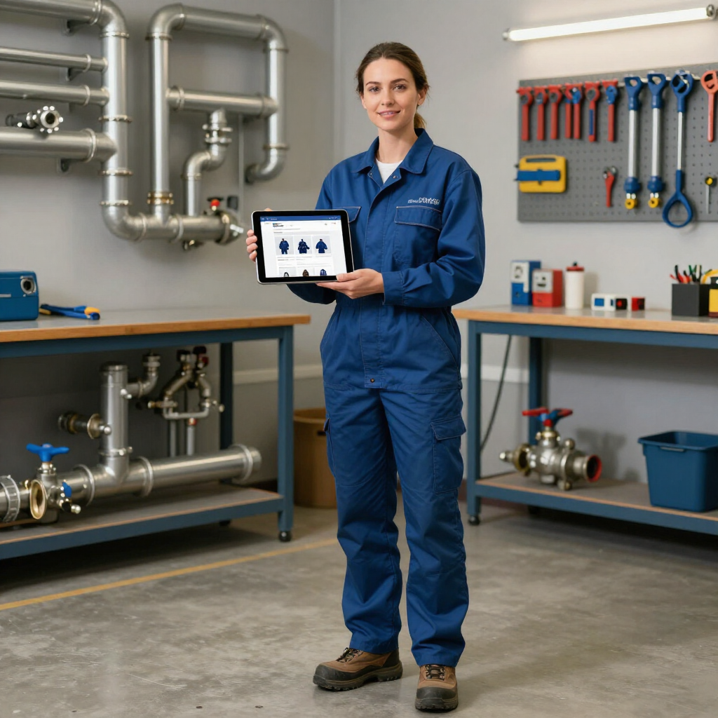 Technician in blue coveralls holding a tablet in a plumbing workshop with pipes and tools on the wall