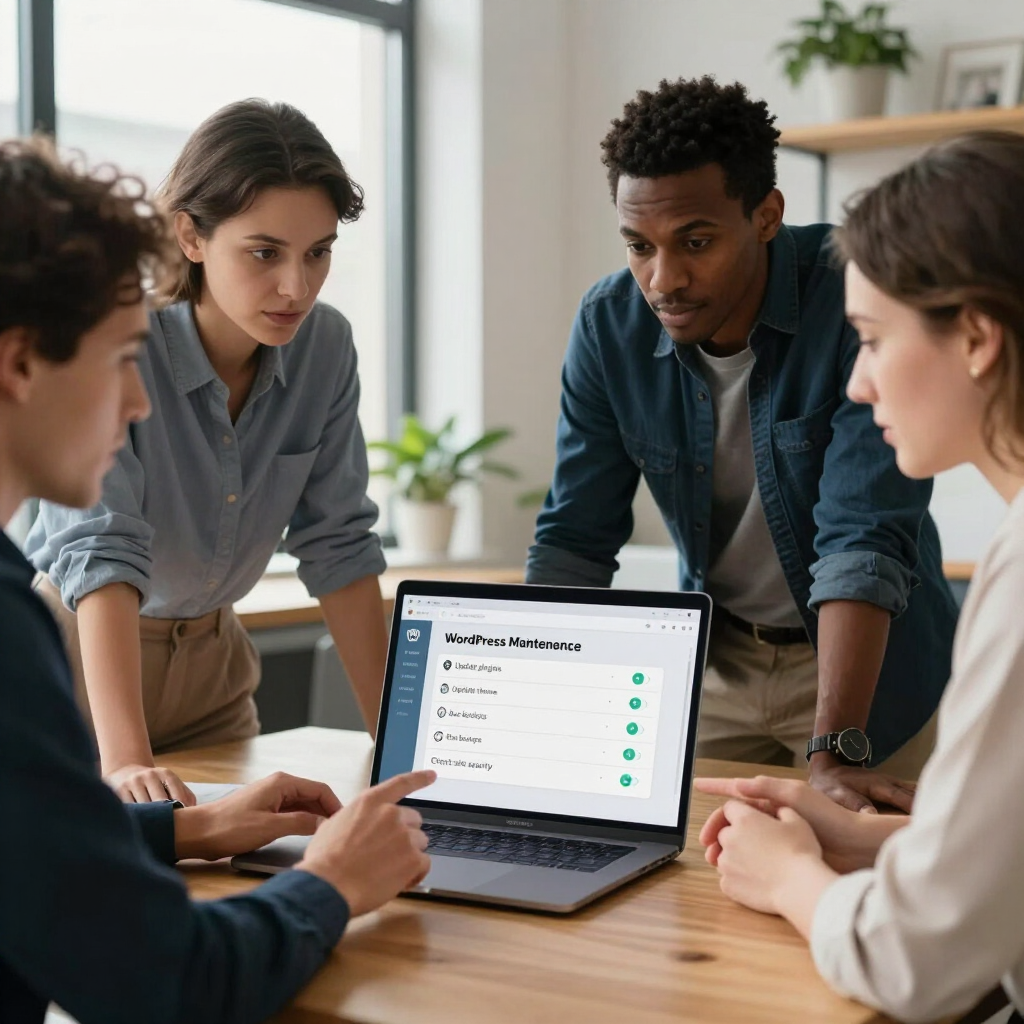 Team meeting around a laptop in a bright office, reviewing a checklist on screen.