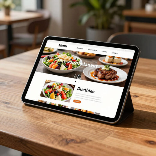 Tablet displaying a restaurant menu on a wooden table with colorful dish photos