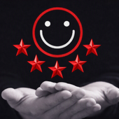 Smiling face icon above open hands with red stars on a dark background