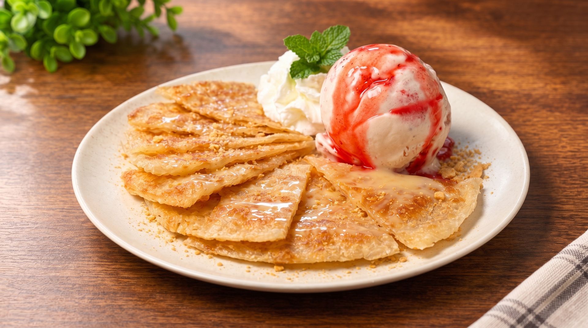 Thin crepes on a white plate with ice cream and whipped cream on a wooden table