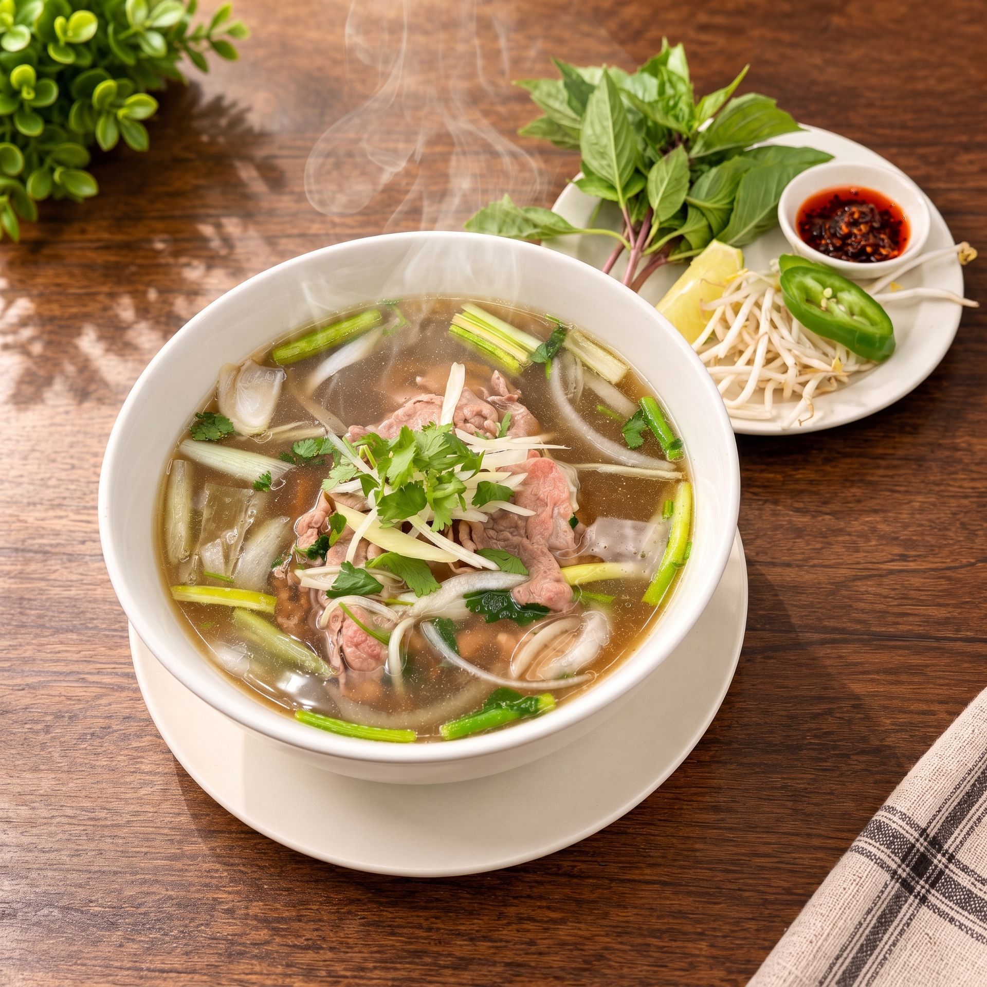 Bowl of pho with herbs and bean sprouts on a wooden table, with dipping sauce and fresh greens nearby