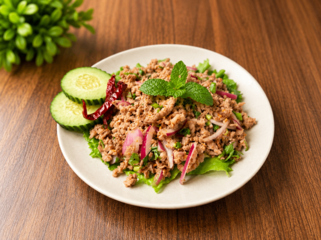 Thai minced meat salad with cucumber slices and herbs on a white plate on a wooden table