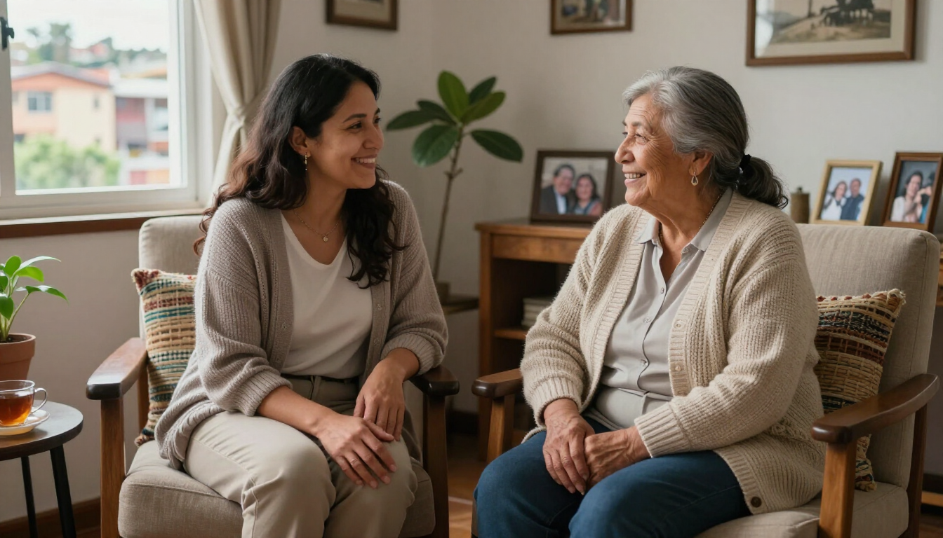 Familia visitando a un adulto mayor en una residencia geriátrica