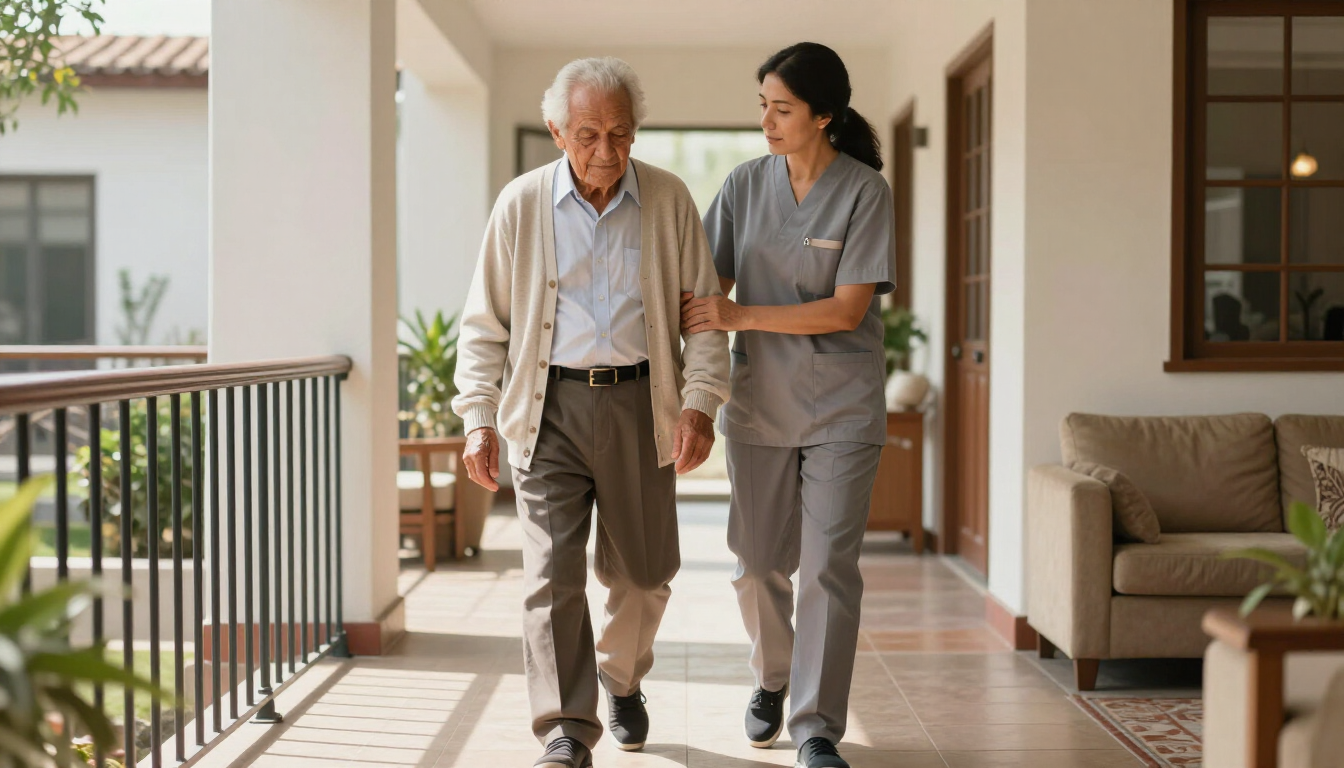 Adulto mayor recibiendo apoyo para caminar en una residencia geriátrica