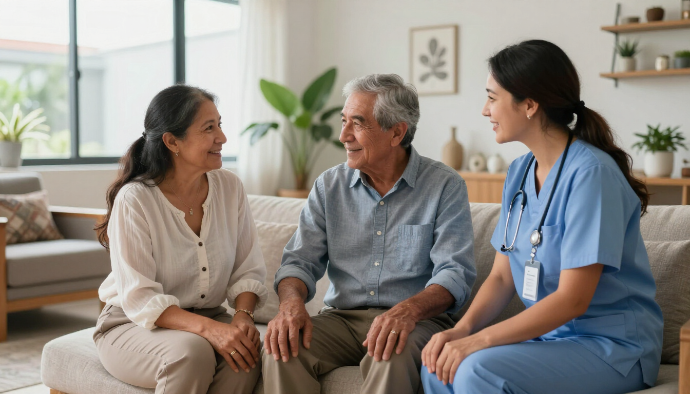 Familia visitando una residencia para adultos mayores y conversando con una cuidadora