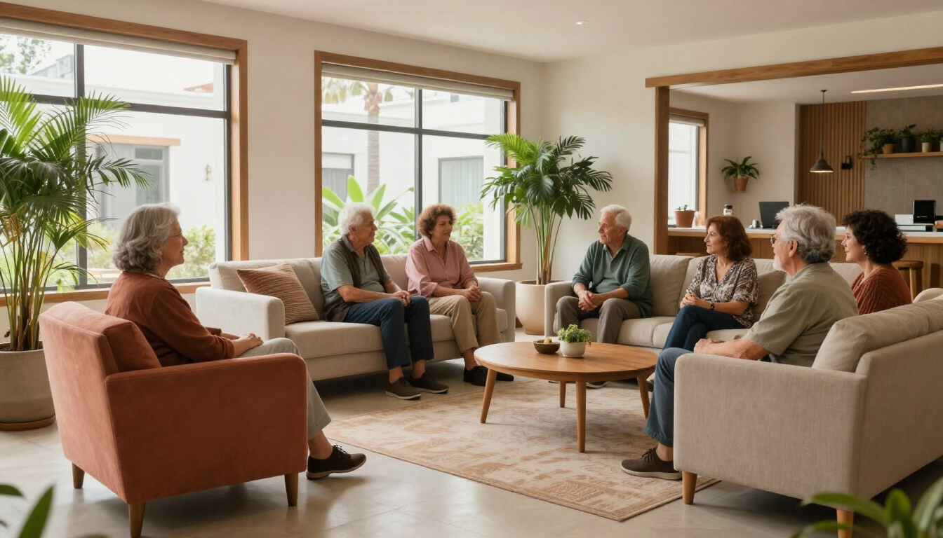 Espacio común luminoso y acogedor de una residencia geriátrica