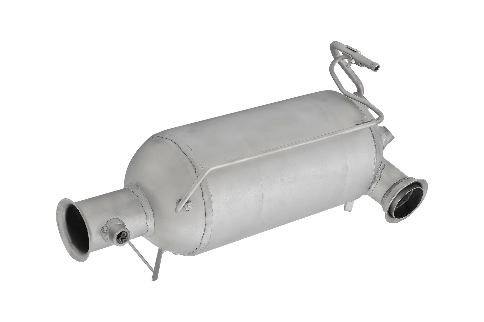 A diesel particulate filter, cylindrical and metallic, with inlet and outlet pipes, and a thin metal bracket.