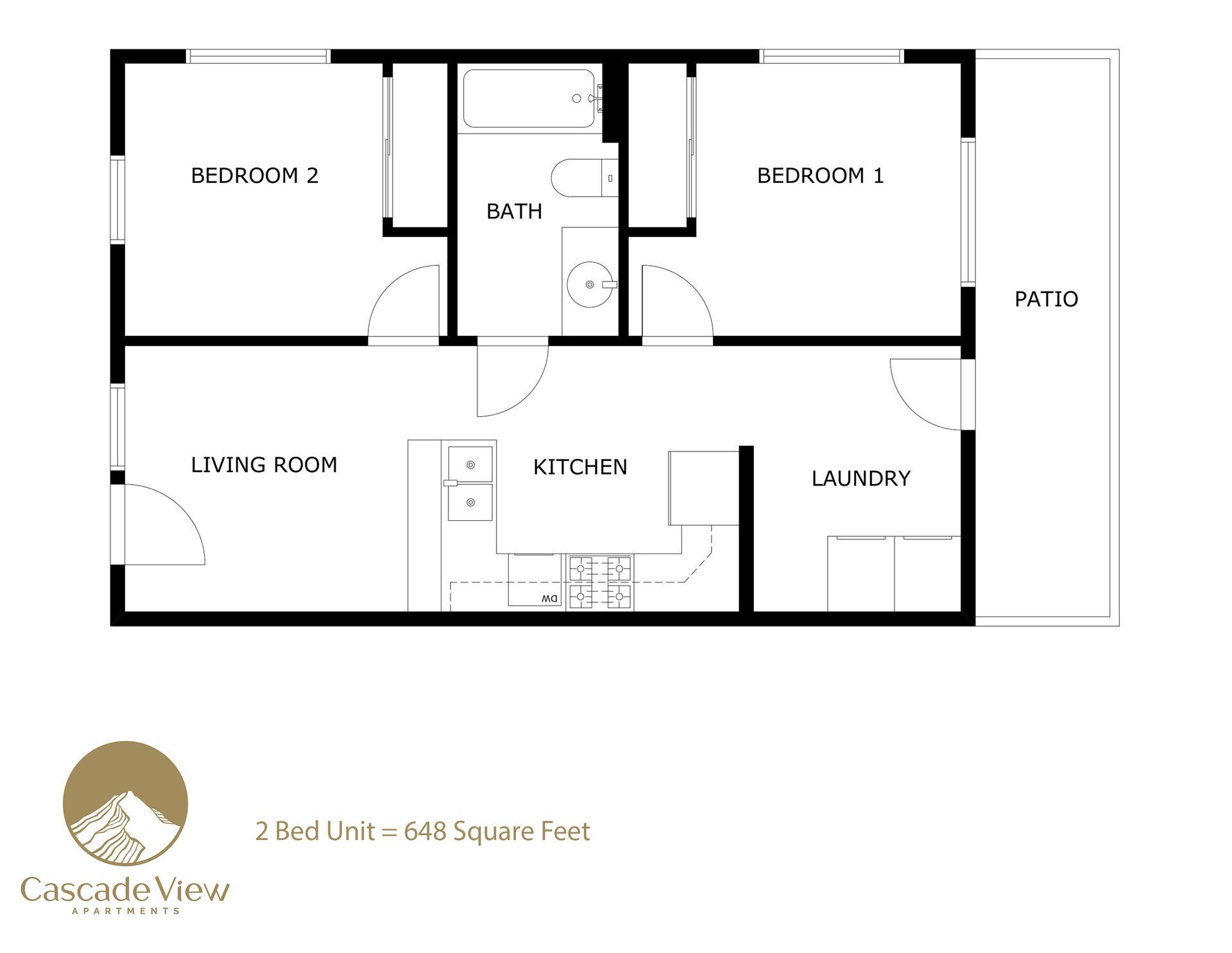 Apartment floor plan with bedrooms, bath, living room, kitchen, laundry, and patio.