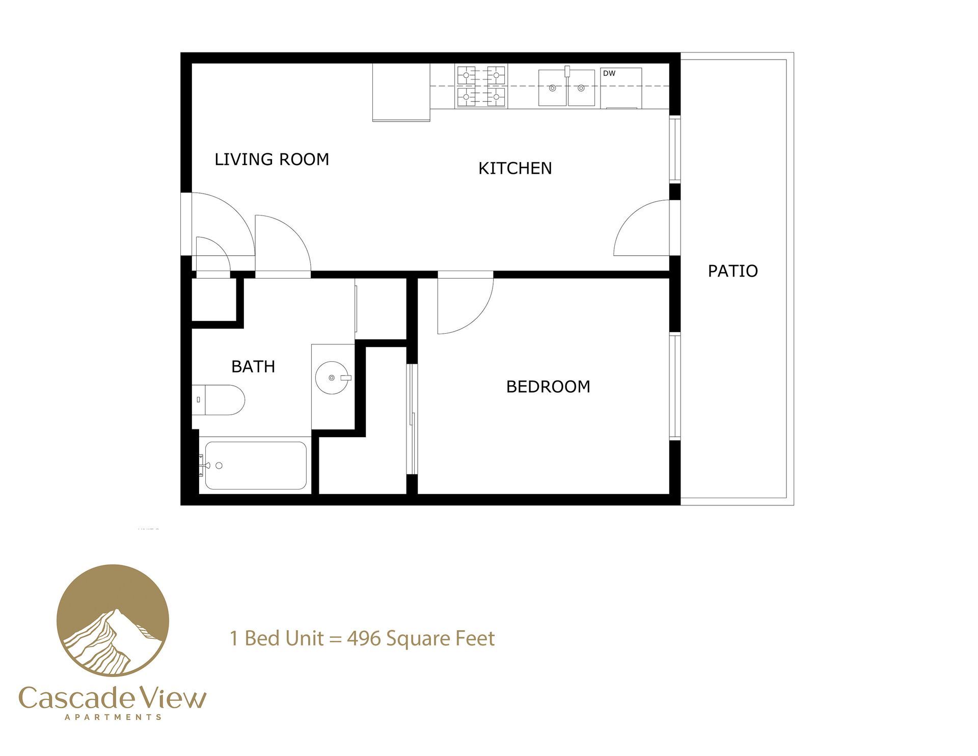 Apartment floor plan showing living room, kitchen, bath, bedroom, and patio.