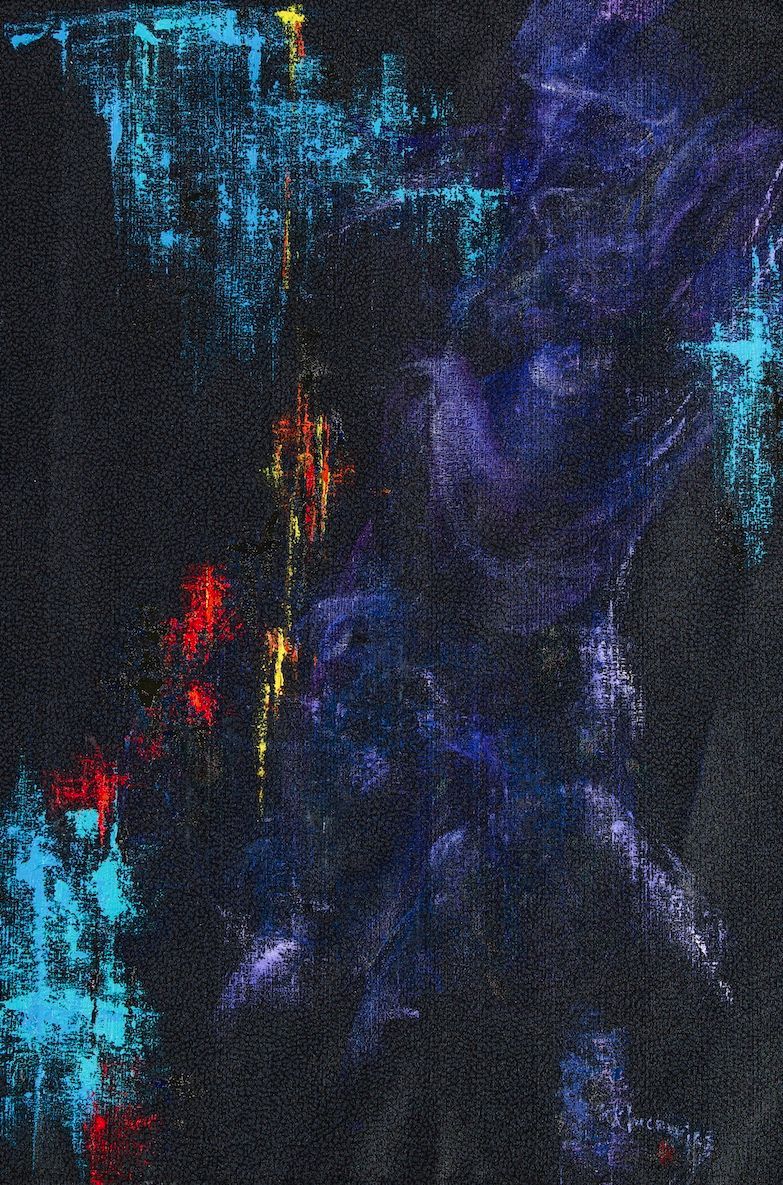 male nude, black painting, textile art, figurative, textile painting