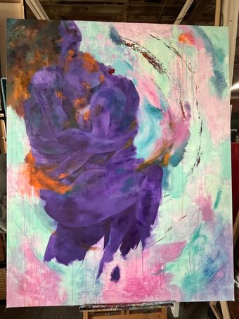 karen klucowicz in studio with large canvas painting in progress