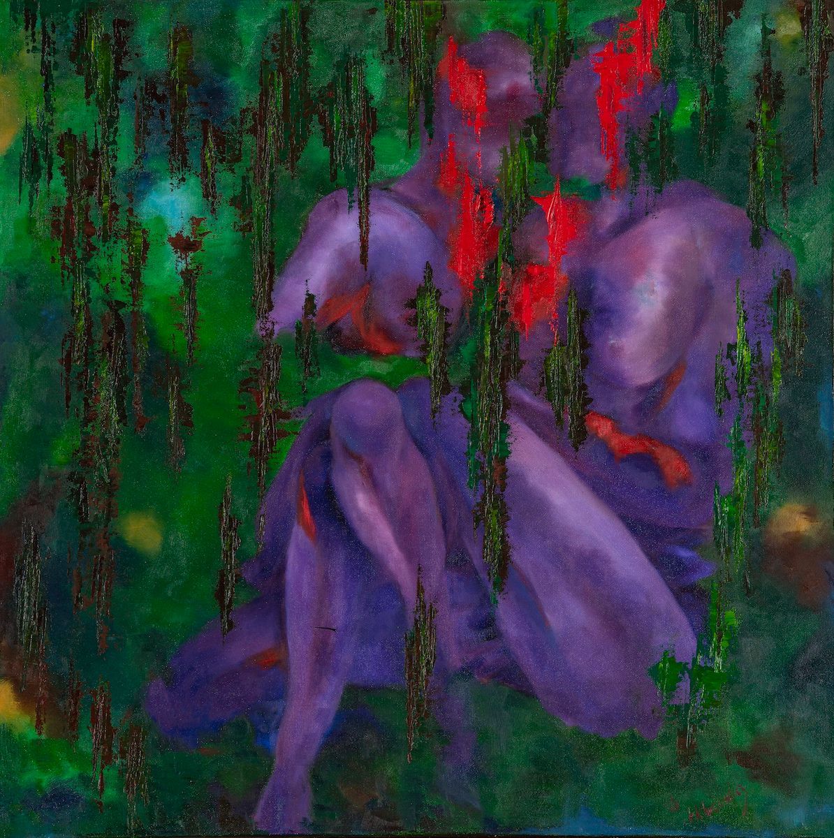 couple, relationships, nude, triptych, oil painting, green painting, figurative art, canadian, female artist
