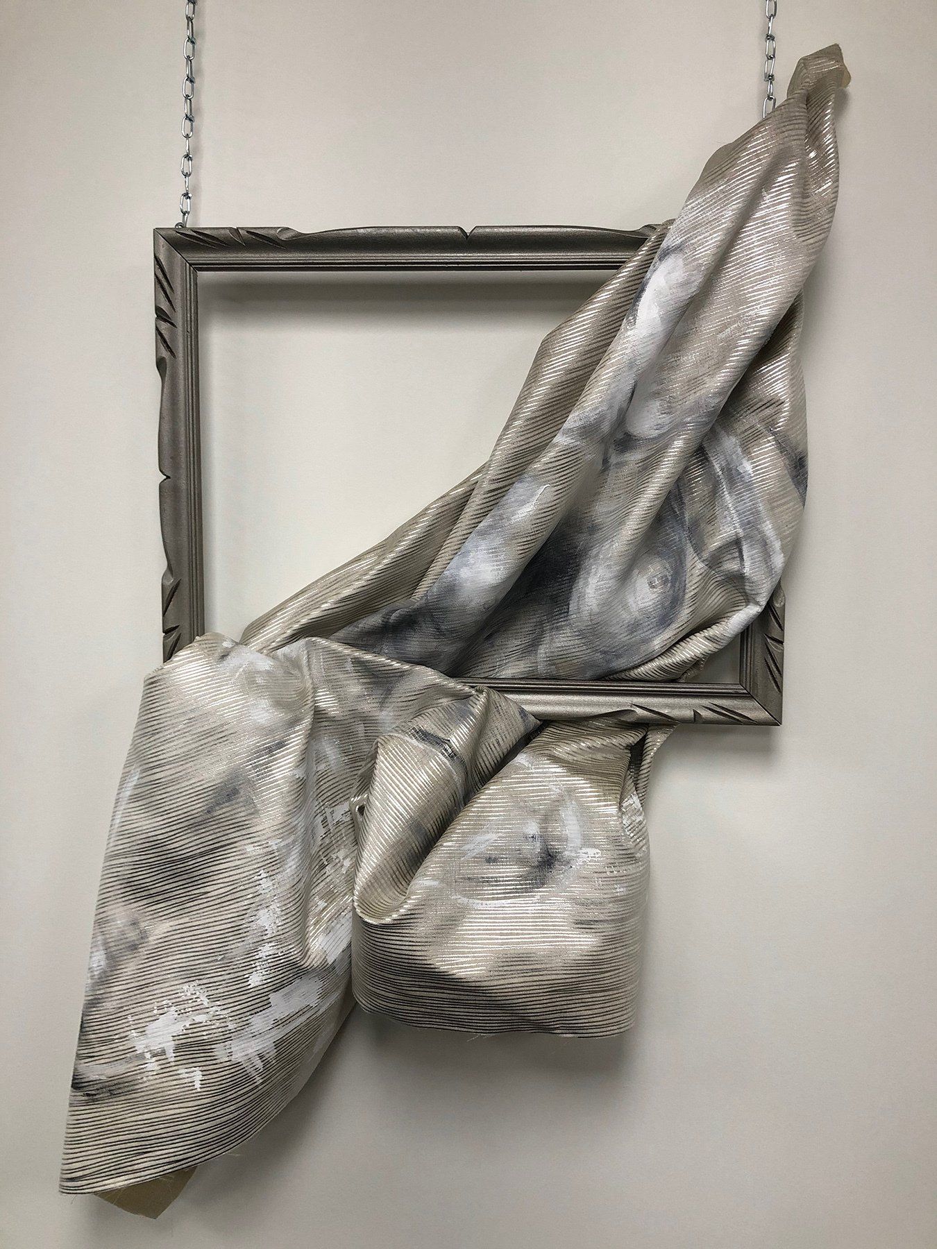 Abstract mixed media black and white on textile by karen klucowicz