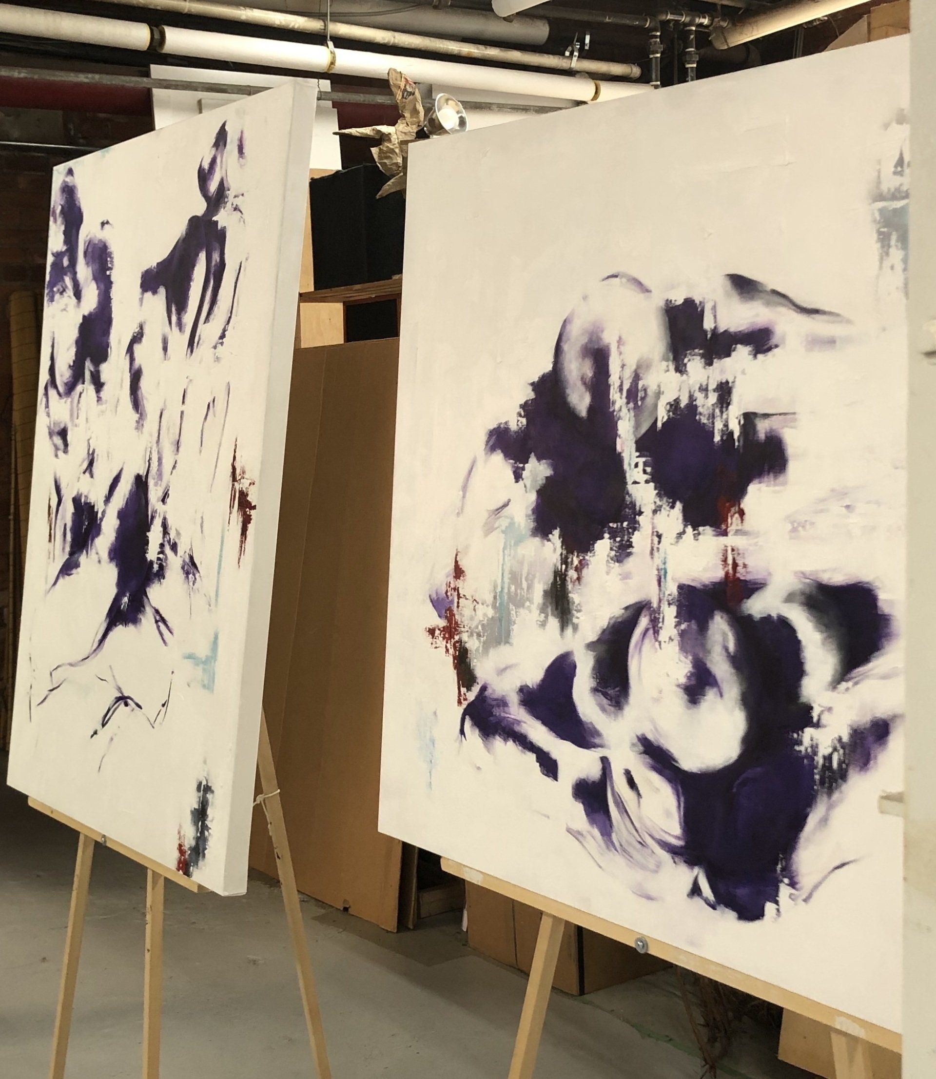 art by k2 series of paintings in progress on easels