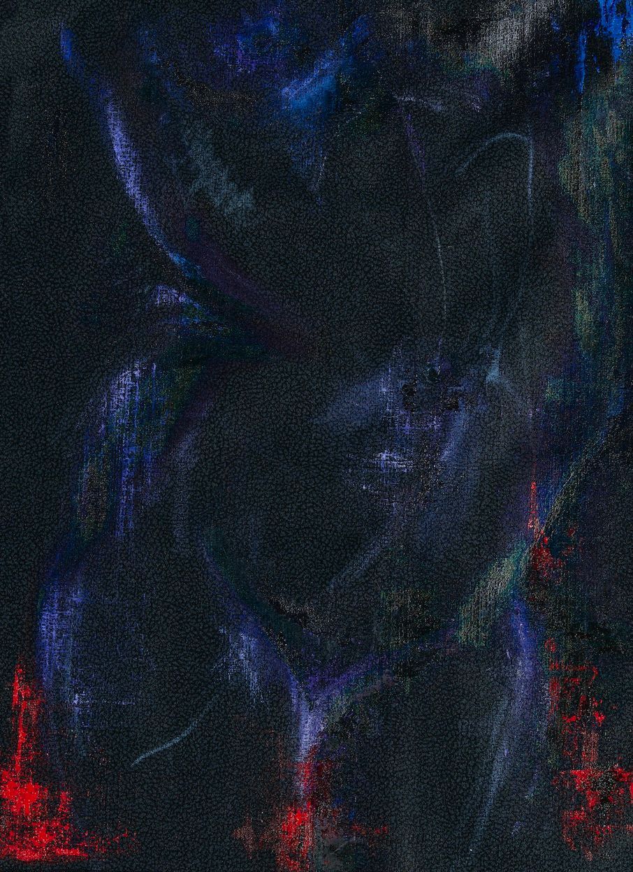female nude, black painting, textile art, figurative, textile painting