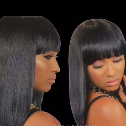 A split-view image showing a person with a sleek, black, chin-length bob haircut with straight-cut bangs.