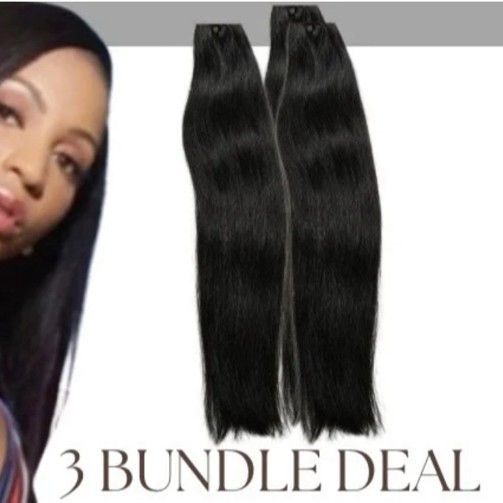 A woman with long dark hair next to two bundles of straight black hair, with text reading 