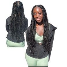 A person with long, black box braids, wearing a black zip-up jacket and light green top, shown from front and back.