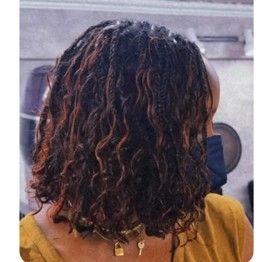 A person with shoulder-length, dark brown and copper-toned curly hair styled in thin, textured twists.