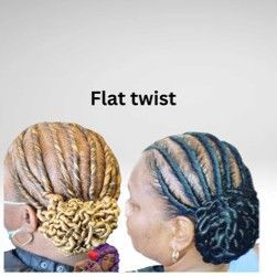 Two side-by-side photos showing the back of heads styled with flat twists gathered into a bun; one blonde, one black.