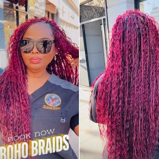 A person showcasing vibrant magenta boho braids with loose, curly extensions in front and back profile views.