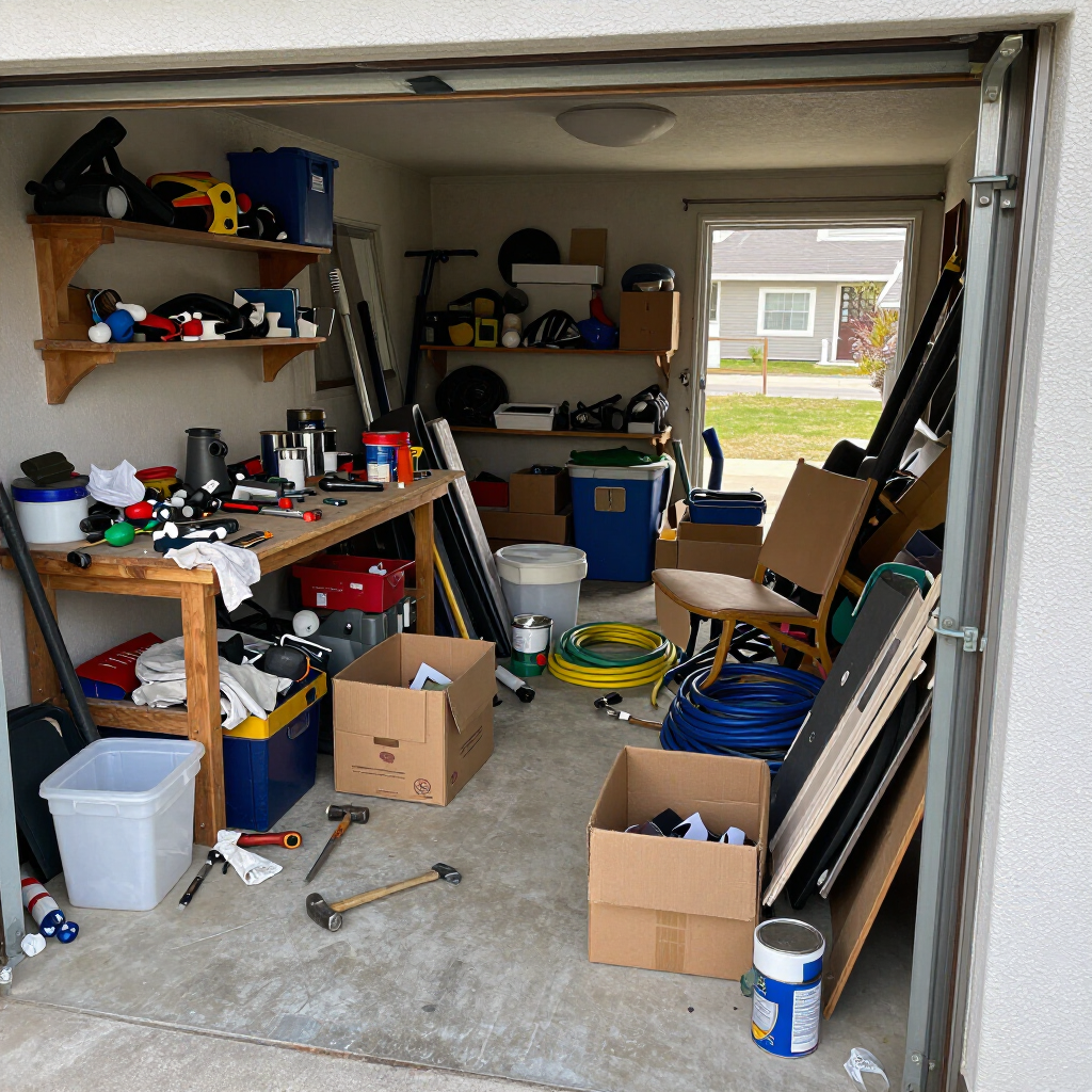 cluttered garage needing to be cleaned out