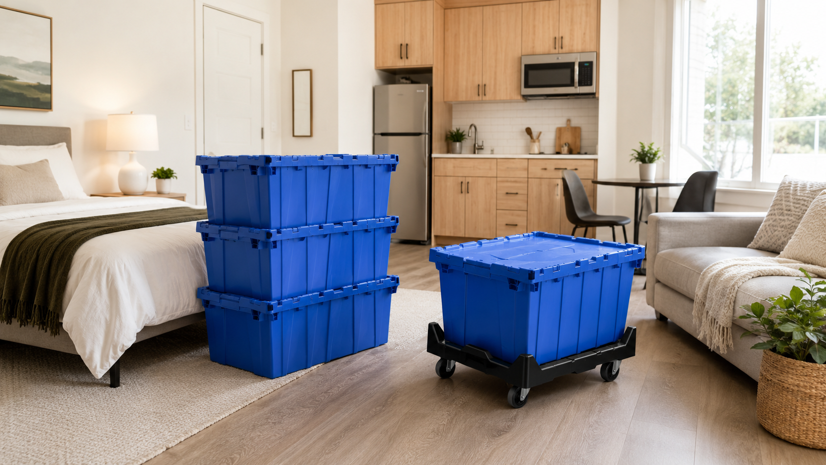 RVATotes Studio Package with reusable moving totes inside a modern studio apartment.