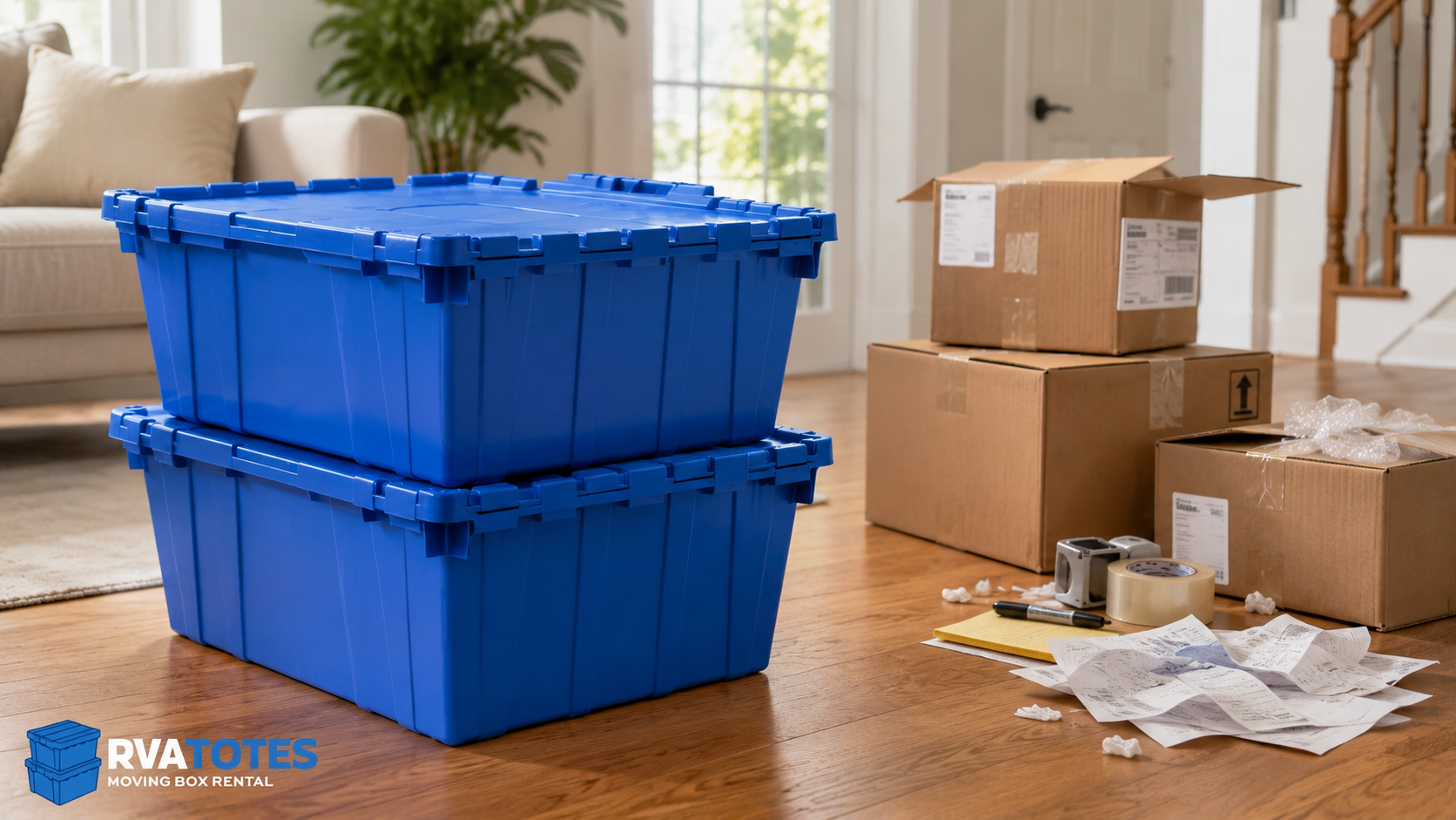 Blue reusable moving totes next to cardboard boxes, tape, labels, and receipts showing the hidden costs of moving supplies.