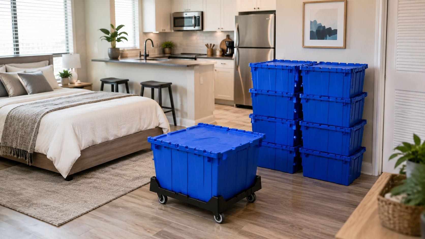RVATotes Studio Package with blue reusable moving totes and a dolly inside a bright studio apartment.