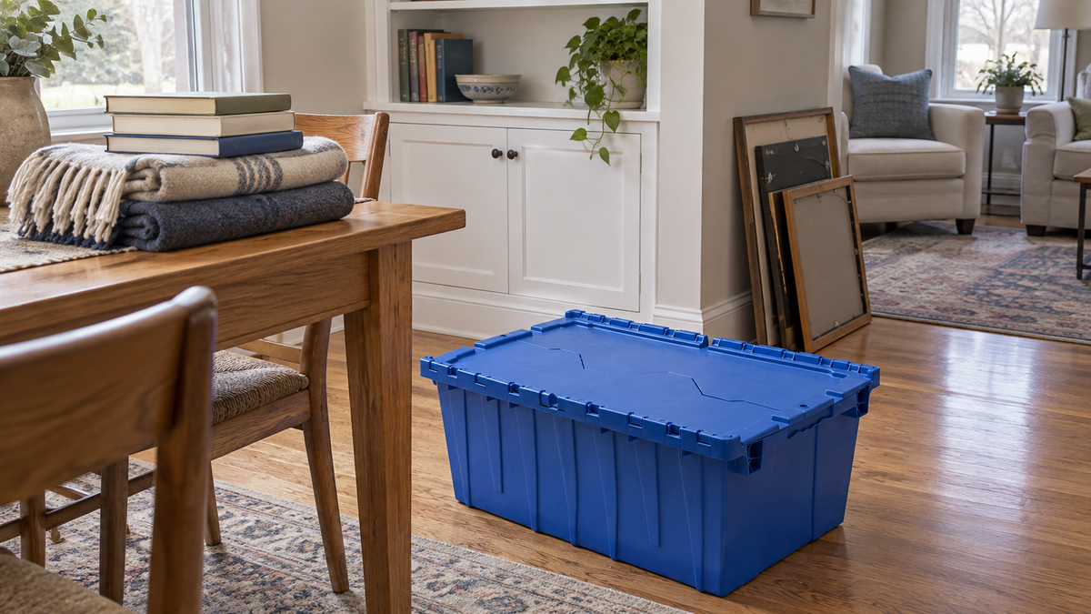 A blue RVATotes tote beside an oak table with folded throws and books set aside during listing preparation.