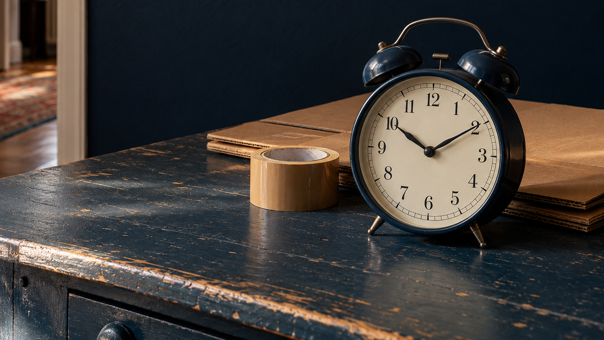An analog clock, packing tape, and flattened cardboard illustrate the moving-day time questions explored in the RVATotes guide.
