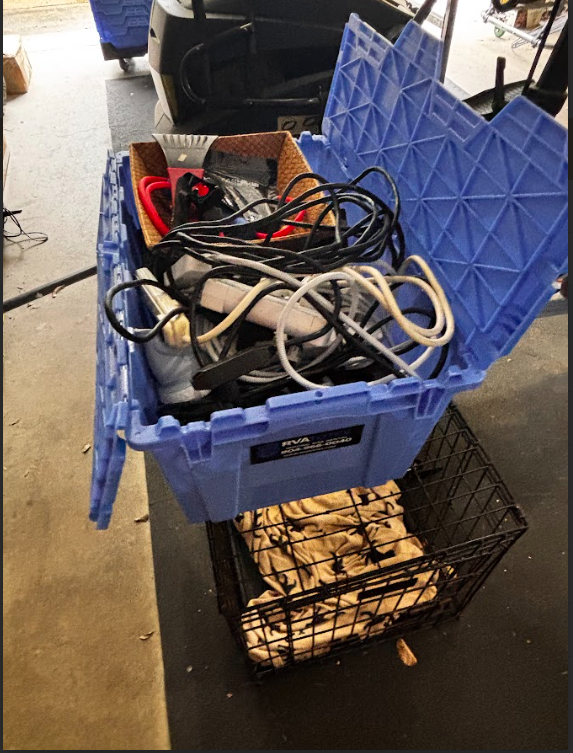 Reusable moving totes filled with tools and equipment