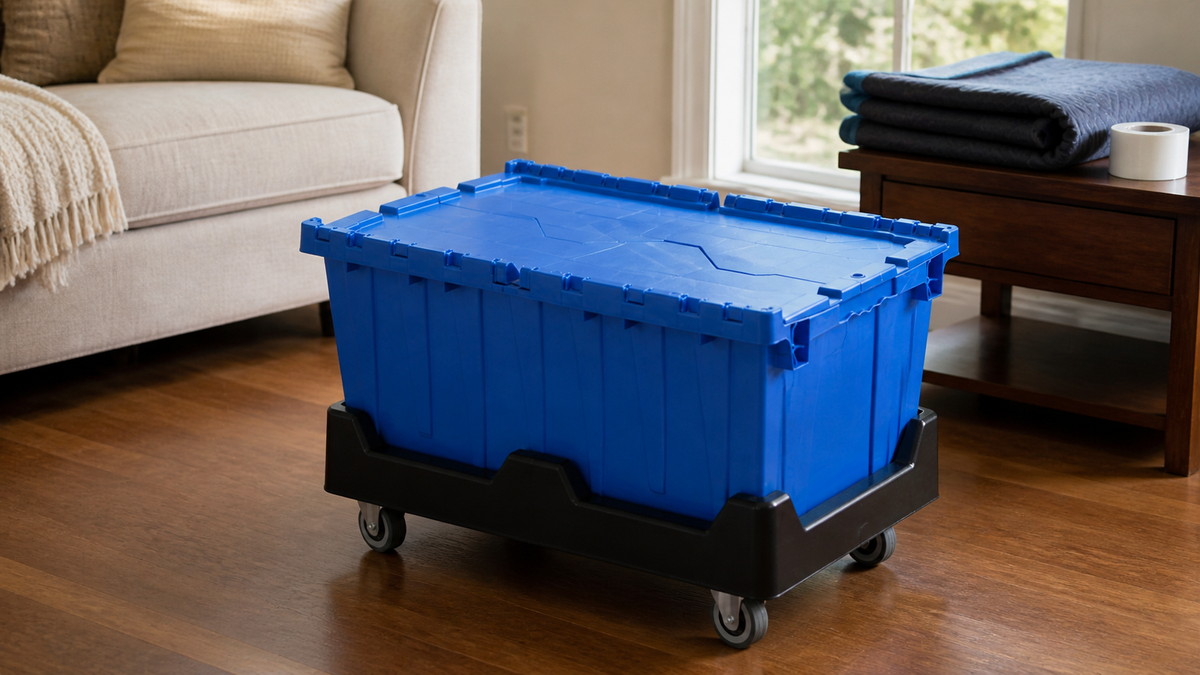 RVATotes checklist graphic showing blue moving totes, an included black dolly, delivery, and pickup in a bright home entryway.