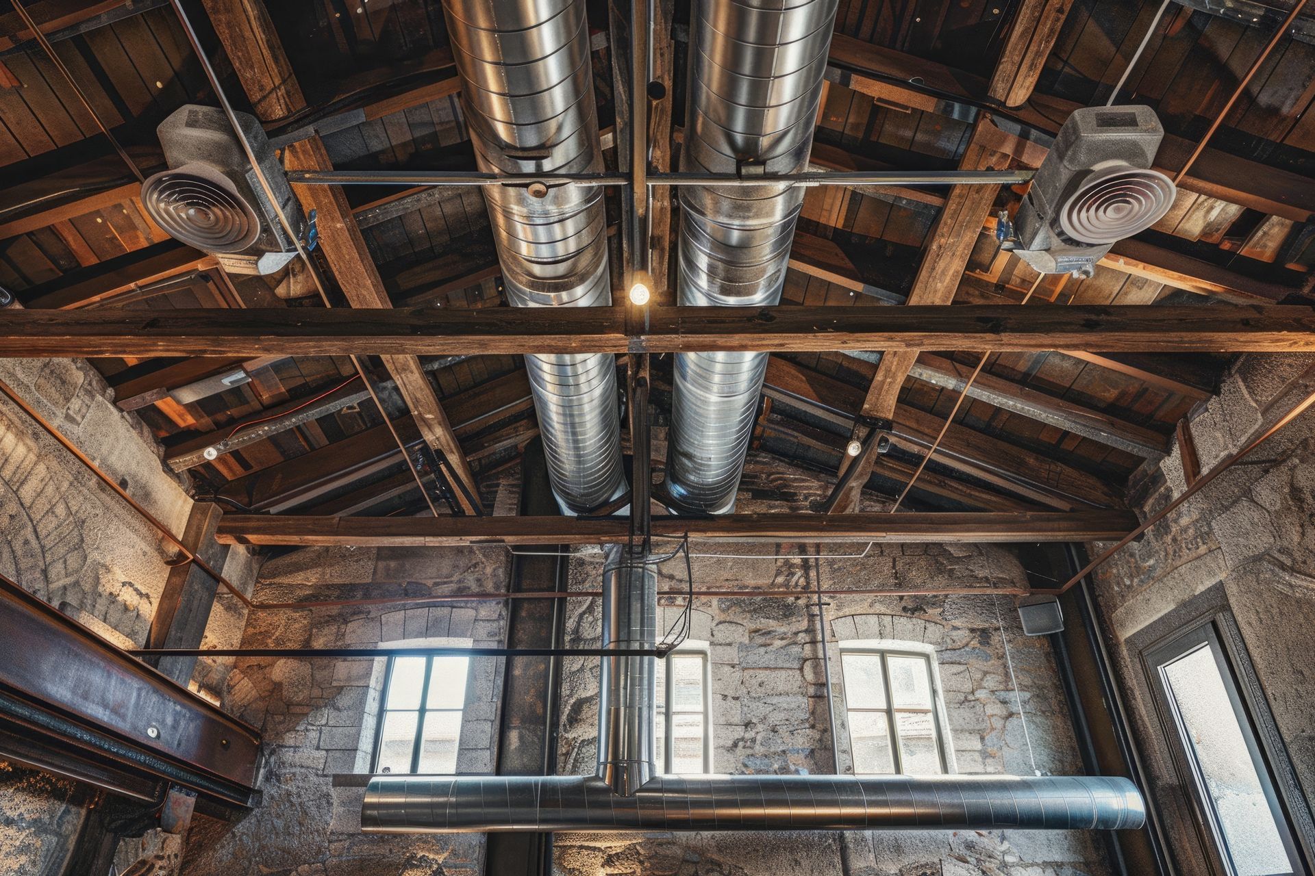 brick and wood building with exposed air ducts