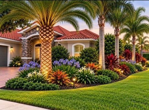 Landscaped suburban house with palm trees, colorful flowers, and a green lawn