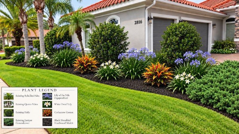 Lush landscaped front yard with colorful shrubs and flowers in front of a white house with a red-tile roof